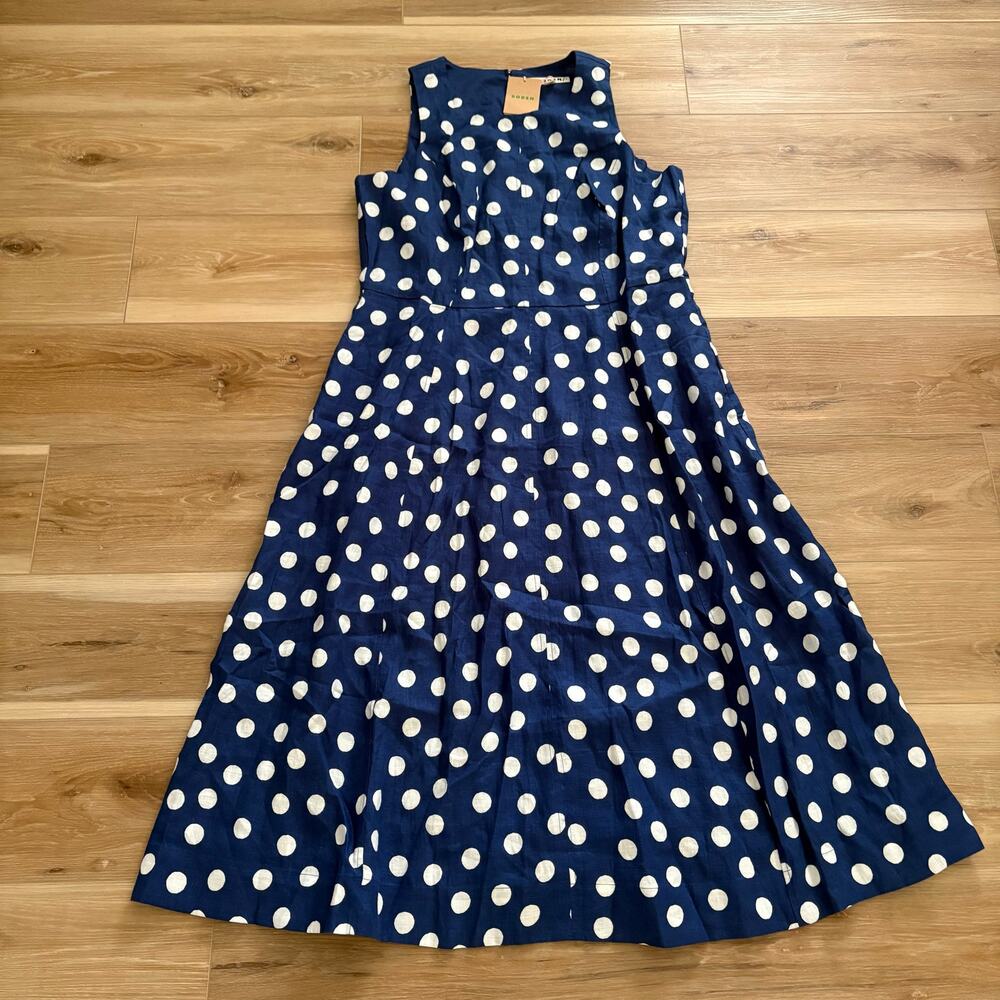 Boden Carla Linen Midi Polka Dot Dress 14